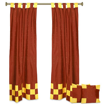 4 Pc Set Indian Sari Curtains & Cushion Covers - Boho Tab Top  - Rust 96"