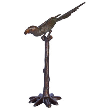 Parrot on a Tree looking Down Bronze Statue - Size: 37"L x 15"W x 47"H.
