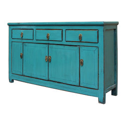 Chinese Distressed Rustic Teal Blue Sideboard Buffet Table Cabinet - Bathroom Vanities And Sink Consoles