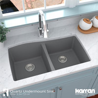 Karran Undermount Quartz 33" 50/50 Double Bowl Kitchen Sink, Grey