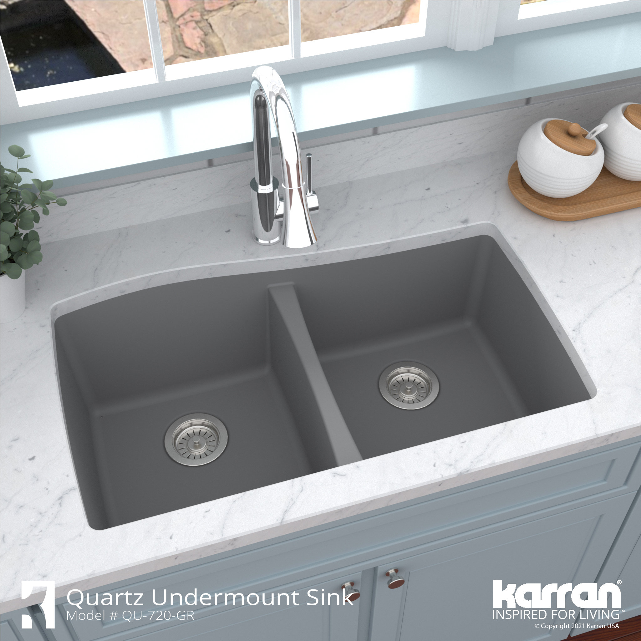 Karran Undermount Quartz 33" 50/50 Double Bowl Kitchen Sink, Grey
