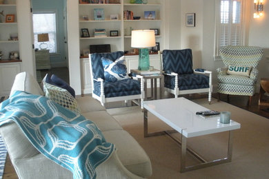 Mid-sized beach style formal and open concept dark wood floor living room photo in Boston with white walls and no tv