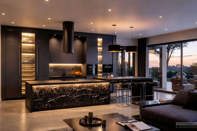Large minimalist single-wall concrete floor and gray floor open concept kitchen photo with an undermount sink, flat-panel cabinets, black cabinets, quartz countertops, black backsplash, stone tile backsplash, black appliances, an island and black countertops
