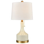 Elk Lighting - Elk Lighting Small But Strong Table Lamp, Jade White Glass/Brushed Gold - This petite table lamp is perfect for adding ambient light to a console or side table. The glass base is given a high-gloss, white finish and is complemented by a satin brass finial, pull cord and fixtures. Its round, hardback shade is covered in white linen.