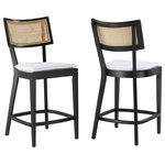 Modway - Caledonia Wood Counter Stools - Set of 2 - Black White - The Caledonia Set of Two Counter Stools blends classic design features with contemporary comfort. Each kitchen counter stool is constructed with a robust elm wood frame and has a seat made from strong plywood. The gently curved rattan backrest gives a nod to classic wicker styles, enhancing the stool chair with an element of natural appeal. For comfort, these padded counter stools are outfitted with a foam-filled cushion and fabric upholstery, offering a warm and inviting perch, and include a sturdy footrest for added support. Beyond their stylish appearance, the Caledonia wood counter stools set of 2 are crafted for convenience. The fabric seat cushion has a French seam and is removable, facilitating effortless cleaning, while the washable cover helps contribute to maintaining lasting freshness. Protection for your floors is thoughtfully considered with non-marking foot pins on each leg to prevent scratches and wear. With a seat height of 26.8 inches, these kitchen counter stools are ideally suited for kitchen islands, dining counters, and social settings. Whether you're enjoying a morning coffee or hosting a dinner, this rattan counter chair set of 2 is versatile enough to cater to any occasion. Assembly required. Weight Capacity: 331 lbs.Set Includes:Two - Caledonia Counter Stools - Set of 2