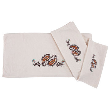 Rebecca Embroidered Western Paisley Towel Set, Cream, 3 Piece