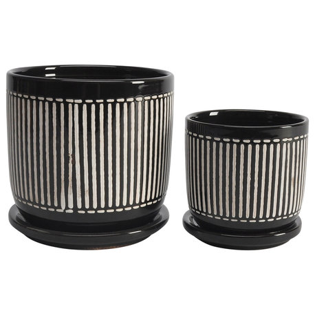 Sagebrook Home Black, 2-Piece Set, Vertical Lines Planter With Saucer