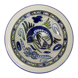 Le Souk Ceramique - Small Stoneware Serving Bowl Aqua Fish Design - Serving And Salad Bowls