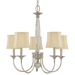 Hudson Valley Lighting - Rockville, Five Light Chandelier, Polished Nickel Finish, Faux Silk Shade - This collection introduces early American elegance to the sparkling opulence of Edith Wharton's New York. While Rockville's delicate outline suggests an historic heirloom, the glittery details speak to the indulgences of a later age. We center the chandelier on an ethereal crystal baluster, anchored to a faceted crystal finial. Square arms multiply the bright gleam of our Polished Nickel finish.