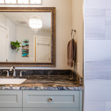 Primary Bath with Explosion Blue Quartzite Countertops
