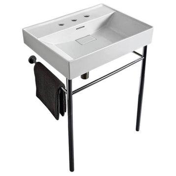 Rectangular White Ceramic Console Sink and Polished Chrome Stand, Three Hole