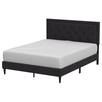 Traditional Queen Size Platform Bed, Diamond Tufted Headboard, Black