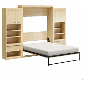 Pemberly Row Engineered Wood Queen Murphy Wall Bed/2 Cabinet Bundle in Light Oak