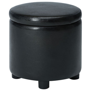 Designs4Comfort Round Accent Storage Ottoman in Black Faux Leather Fabric