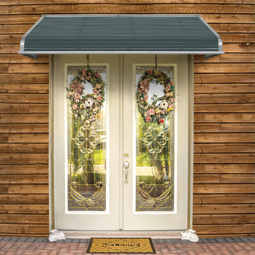 Slate Blue Aluminum Door Canopy on a home with wood siding