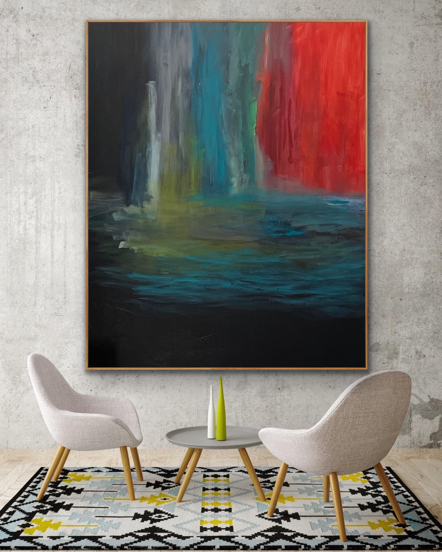 60x48" Original Minimal black abstract Painting Red wall art black and ...