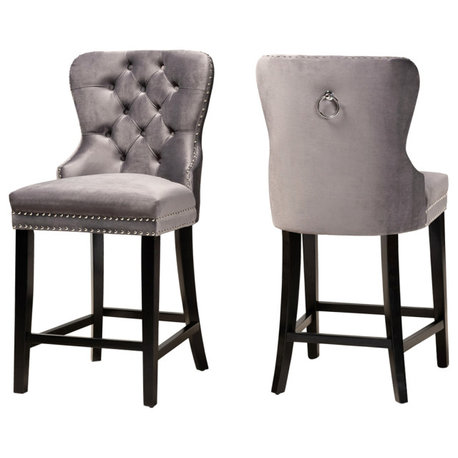 Edita Modern Gray Velvet and Dark Brown Wood 2-Piece Counter Stool Set