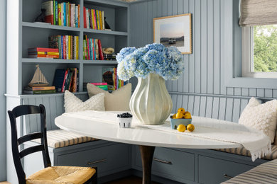 Inspiration for a mid-sized coastal light wood floor, beige floor, wood ceiling and wallpaper kids' room remodel in Philadelphia with blue walls