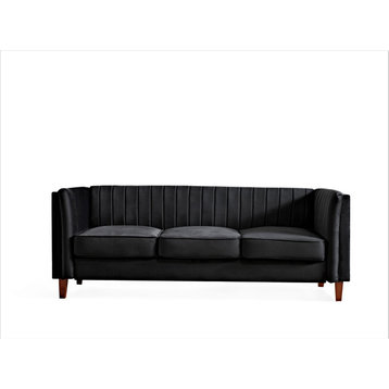 Modern 3 Seater Sofa, Velvet Seat & Vertical Channel Tufted Backrest, Black