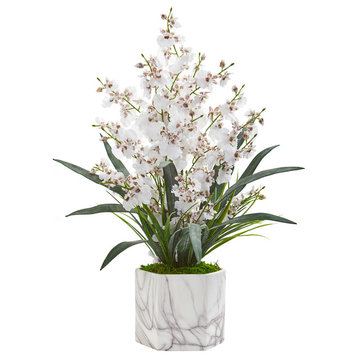 Dancing Lady Orchid Artificial Arrangement in Marble Finished Vase, White
