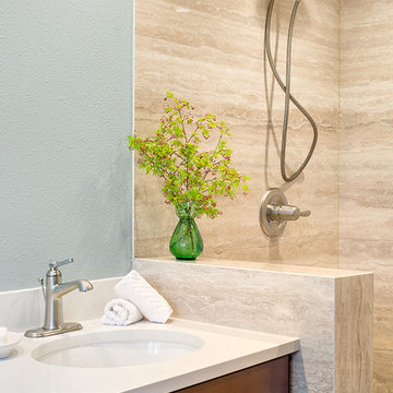 Walnut Travertine ThinSlab & Cotton White PentalQuartz - Sauvie Island