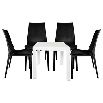 LeisureMod Kent Weave Design 5-Piece Outdoor Patio Dining Set, White/Black