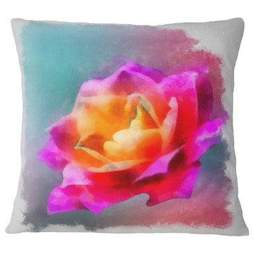 Handmade Purple Rose Drawing Floral Throw Pillow, 16"x16"