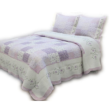 Love of Lilac Real Patchwork 100%Cotton Quilt Set, Full/Queen Set
