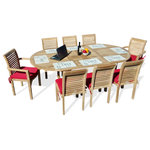 Windsor Teak Furniture - Teak Extra Wide 95x51 Oval Extension Table, 8-Chairs - Buckingham Dining Height Extra WIDE 95" x 51" Oval Double Leaf Extension Table w 8 Casa Blanca Stacking Chairs (2arms/6armless).made with solid Grade A Teak will surely become a family heirloom. The Buckingham 95" x 51"comes with two 12" leafs , 83" long with one leaf open, 71" with both leafs closed and 95" long with both leafs opened and seats 8 people. The unique built-in butterfly pop-up leaf enables you to open or close your table in 15 seconds.The stacking chairs have contoured seats and are very comfortable. Comes with plug covered umbrella hole. Some Assembly on table only.  (Cushions Not Included)