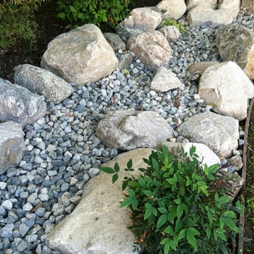 Dry Creek Riverbed and front yard softscape design with lights.