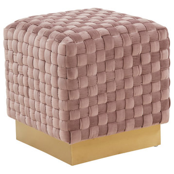 Myrtle 19" Modern Square Weave Velvet Ottoman With Gold Base, Pink