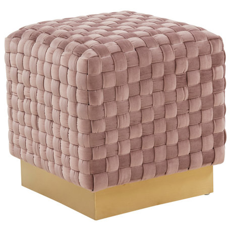 Myrtle 19" Modern Square Weave Velvet Ottoman With Gold Base, Pink