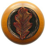 Notting Hill Decorative Hardware - Oak Leaf Wood Knob, Antique Brass, Maple Wood Finish, Brass Hand Tinted - Projection: 1-1/8"