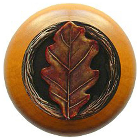 Oak Leaf Wood Knob, Antique Brass, Maple Wood Finish, Brass Hand Tinted