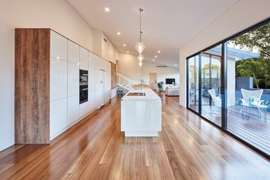 Contemporary galley open plan kitchen in Sydney with stainless steel appliances, medium hardwood floors, with island and brown floor.