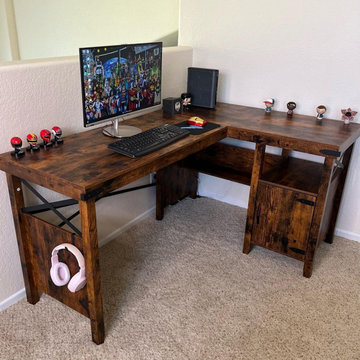 Houzz | Modern Farmhouse L Shaped Computer Desk with Cabinet & Storage Shelves