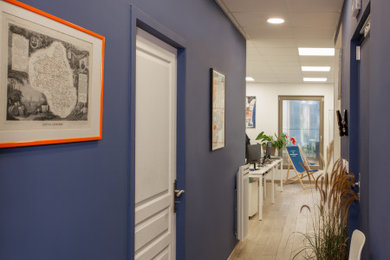 Diseño de recibidores y pasillos minimalistas de tamaño medio con paredes azules, suelo de baldosas de cerámica y suelo multicolor