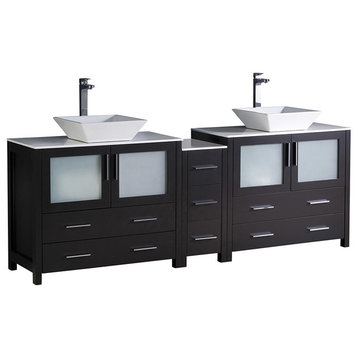 Torino 84" Espresso Modern Double Sink Bathroom Cabinets w/ Tops & Vessel Sinks