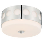 Crystorama - Kirby 2 Light Ceiling Mount, Polished Nickel - The drum-shaped Kirby flush mount sends focused light to a space.  A perfect choice for low ceilings, the solid white glass, and circular geometric metal overlay pattern is a stylish choice for various spaces.
