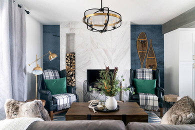 Mid-sized transitional formal and open concept dark wood floor and brown floor living room photo in Calgary with white walls, no tv, a standard fireplace and a stone fireplace