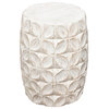 Fig Solid Mango Wood Accent Table, Distressed White Finish With Leaf Motif