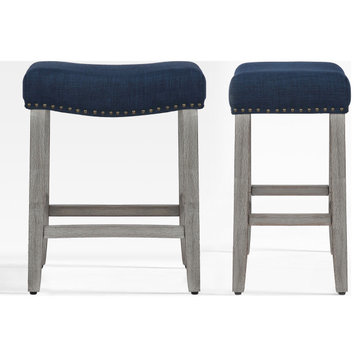 WestinTrends 2PC 24" Upholstered Saddle Seat Backless Counter Height Stool Set, Navy Blue