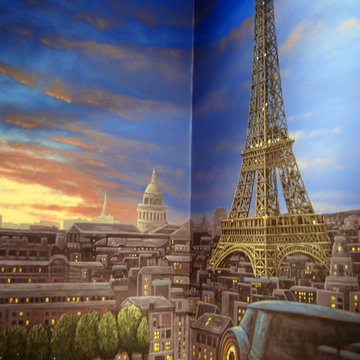 Paris Panorama 360 degree Mural hand painted throughout a 17 foot stairway