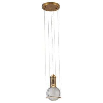 Antique Brass Metal Single Pendant Lighting With A Clear Crystal Ball