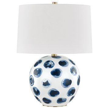 Blue Point 1 Light Table Lamp, White/Blue Dots Finish, White Belgian Linen Shade
