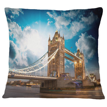 Sunset Over Tower Bridge Cityscape Photo Throw Pillow, 18"x18"