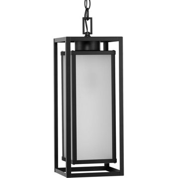 Unison Collection 1-Light Matte Black Etched Seeded Glass Hanging Lantern