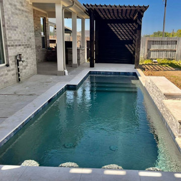 Narrow Lap Pool with Tanning Ledge and Pergola