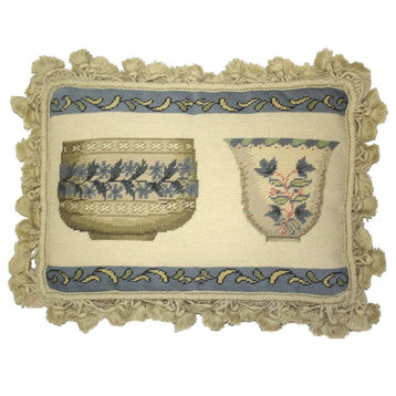 Petit Point French Antique Bowl Set With Tassels Pillow, 12"x16"