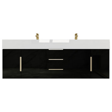 Jessica 60" Double Sink Wall Mounted Vanity With Sink, High Gloss Black